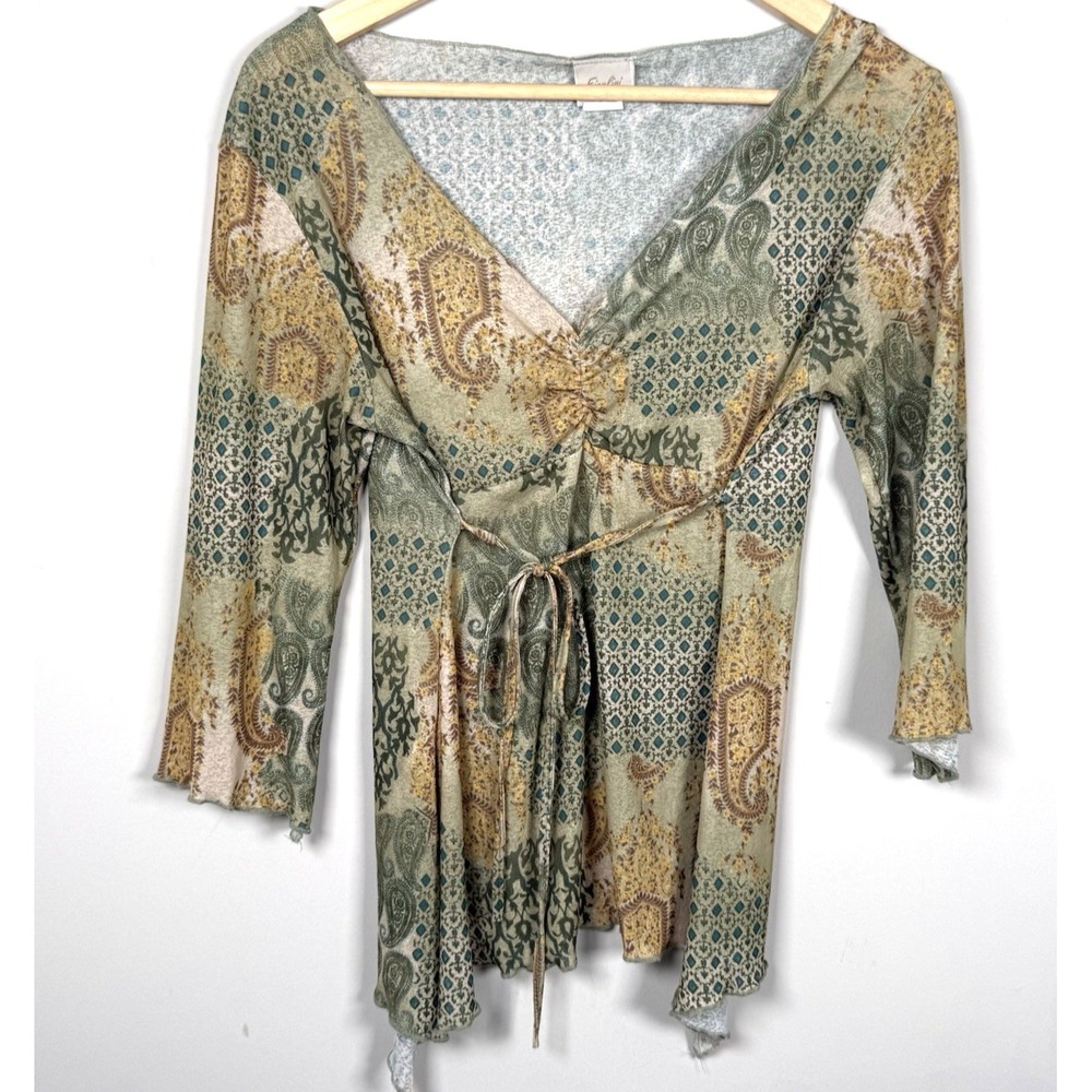 Vtg Fiorlini International Paisley Babydoll Top V-Neck Forest Fairy Boho Y2K Med